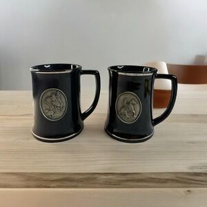 VINTAGE Cowboy COFFEE MUGs WITH RAISED PEWTER EMBLEM SET of 2